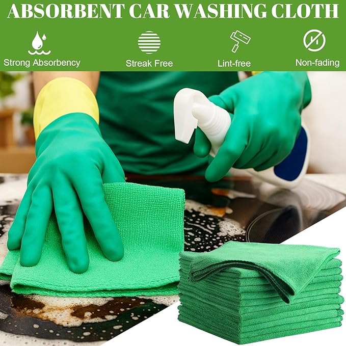 Nuenen 60 Pcs Microfiber Cleaning Cloths for Cars 16 x 16 Inch Ultra Absorbent Car Towels Drying Reusable Cleaning Supplies House Kitchen Window Microfiber Towel (Green)