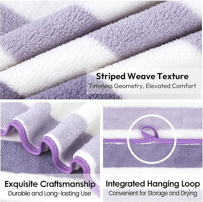 JML Microfiber Bath Towels, Bath Towel 2 Pack 30" x 60", Oversized, Soft, Super Absorbent and Fast Drying, Multipurpose Bathroom Towel Set for Sport, Fitness, Yoga, Coral Fleece Stripe Purple