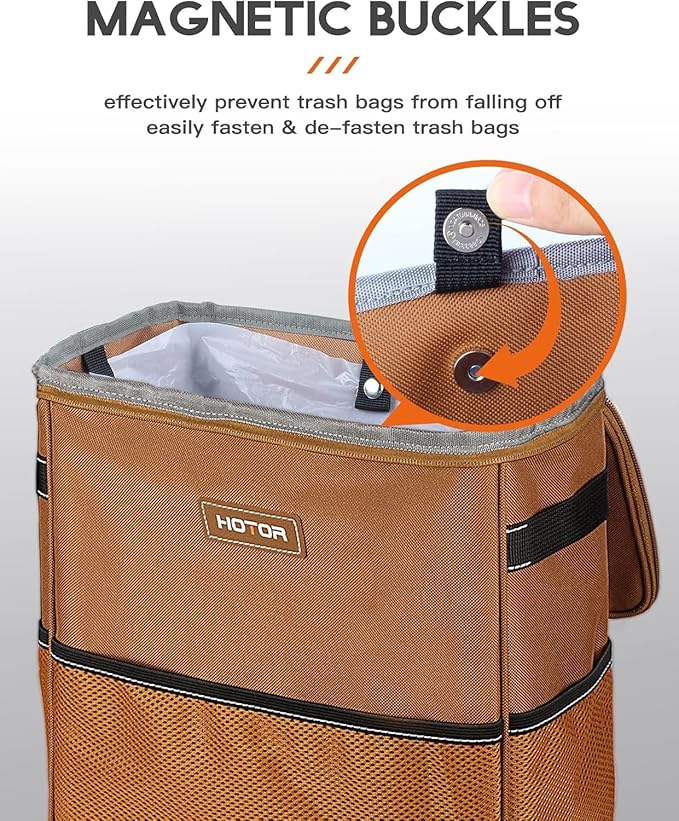 HOTOR 3 Gallons Car Trash Can, Ultra Large Capacity Organizer and Storage with Adjustable Straps & Magnetic Snaps, Waterproof Car Accessory for Interior Car Stuff Storage, Brown
