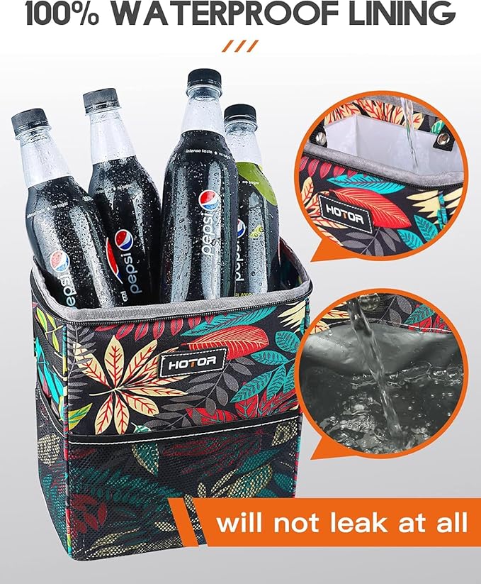 HOTOR Car Trash Can with Lid and Storage Pockets - 100% Leak-Proof Organizer, Waterproof Garbage Can, Multipurpose Trash Bin for Car, 2 Gallons, Autumn Leaves