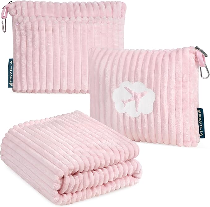 PAVILIA Travel Blanket Pillow in Soft Bag with Pockets, Airplane Blanket Set, Plane Blanket Compact Packable, Flight Essentials Car Pillow, Travelers Accessories Gifts, Luggage Strap, Light Pink
