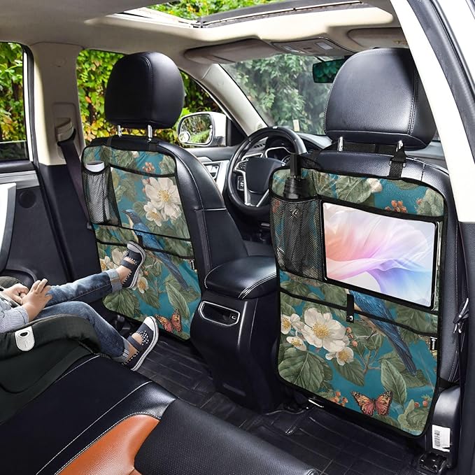 1 Pack Back Seat Car Organizer with Storage Pockets Kick Mats Back Seat Protector Hanging Car Organizer Automotive Seat Back Cover Organizers Vintage Blue Bird Flowers Butterflies