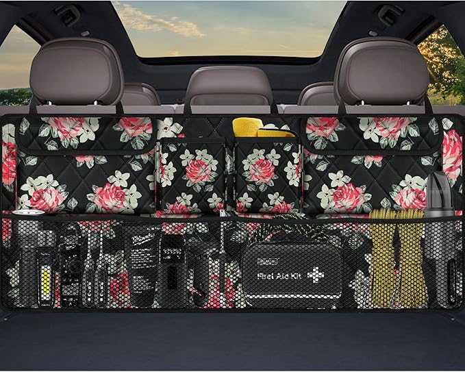 Femuar Car Trunk Organizer,Large Capacity Backseat Trunk Organizer(42"*18"),Collapsible Car Storage Bag with 8 Pocekt,Car Organizer for SUV/MPV/Truck - Floral
