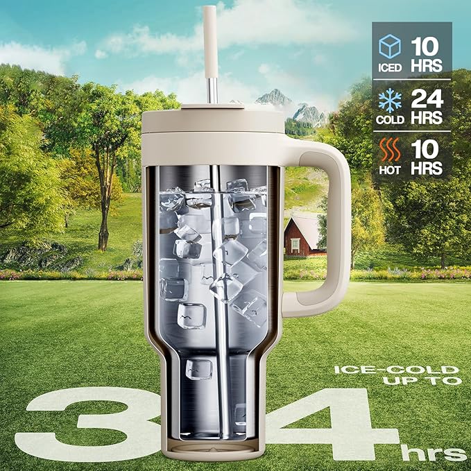 POWCAN 40 oz Tumbler with Handle, 2-in-1 Straw and Sip Lid, Leakproof, Dishwasher Safe, Insulated Stainless Steel Travel Coffee Mug, Keeps Cold for 34 Hours, Fits in Car Cup Holder (Oat)