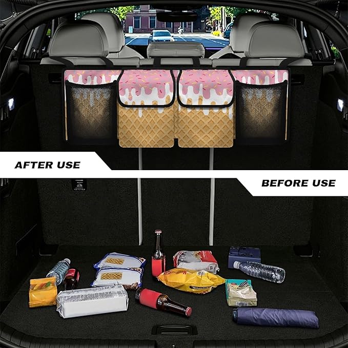 CLOHOMIN Ice Cream Car Trunk Organizer Fashion Car Trunk Mesh Storage Large Capacity Backseat Hanging Organizer Collapsible Cargo Storage Organizer with 4 Pockets Gifts for Friends