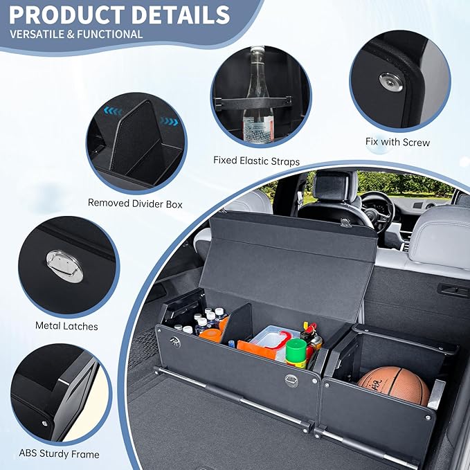 Car Trunk Organizer, Leather Trunk Organizer for SUV with Lid and Sturdy Handle Collapsible Adjustable Storage (Black, 41.6 x 11.4 x 12.2in)