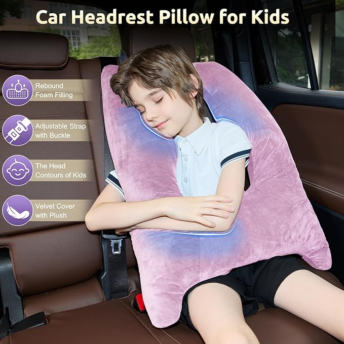 Car Pillow for Kids, Travel Pillow with Adjustable Strap, U-Shaped Pillow for Adults and Children to Support Head and Body Road Trip Essentials (Purple)