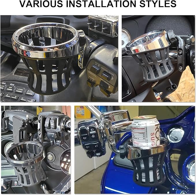 PSLER Motorcycle Drink Cup Holder Handlebar Mount Universal for Dyna Fat Bob Touring Road Glide Street Electra Glide Softail 1996-up Goldwing GL1800 2018-up (Chrome, 85mm)