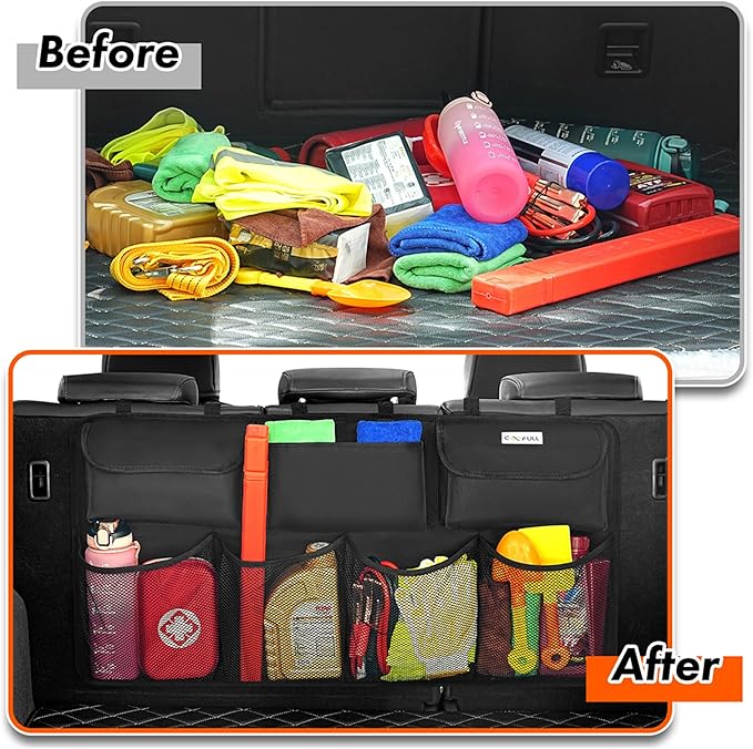 Car Trunk Organizer, Large Capacity Organizers and Storage, Equipped with 7 Durable Pockets, Hanging Trunk Organizer with Hook Side Strips, Sapce-saving Car Accessories Interior