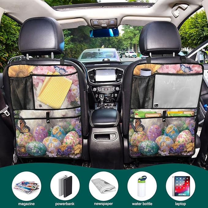 1 Pack Back Seat Car Organizer with Storage Pockets Kick Mats Back Seat Protector Hanging Car Organizer Automotive Seat Back Cover Organizers Easter Bunny Eggs Sunlowers