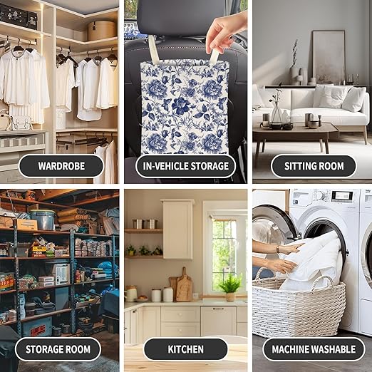 Cute Car Trash Can, Hanging Canvas Car Back Seat Organizer and Storage Bag, Funny Car Trash Bag For Travelling, Outdoor Blue Ceramic Floral