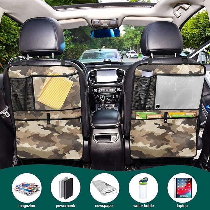 1 Pack Back Seat Car Organizer with Storage Pockets Kick Mats Back Seat Protector Hanging Car Organizer Automotive Seat Back Cover Organizers Brown Military Camouflage