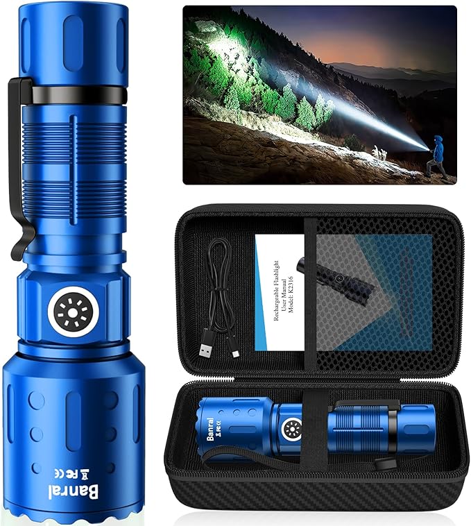 Banral Flashlights High Lumens Rechargeable, Super Bright Long Range Small Powerful Flashlight, 6 Modes LED Tactical Pocket Waterproof Flash Light for Home Emergency (1, Blue)