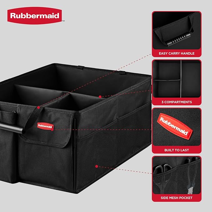 Rubbermaid Car Organizer, Collapsible Trunk Organizer, Multi-Compartment Car Storage Organization for Car Accessories, 3 Compartments Without Cover, 22.83"*16.54"*10.63"