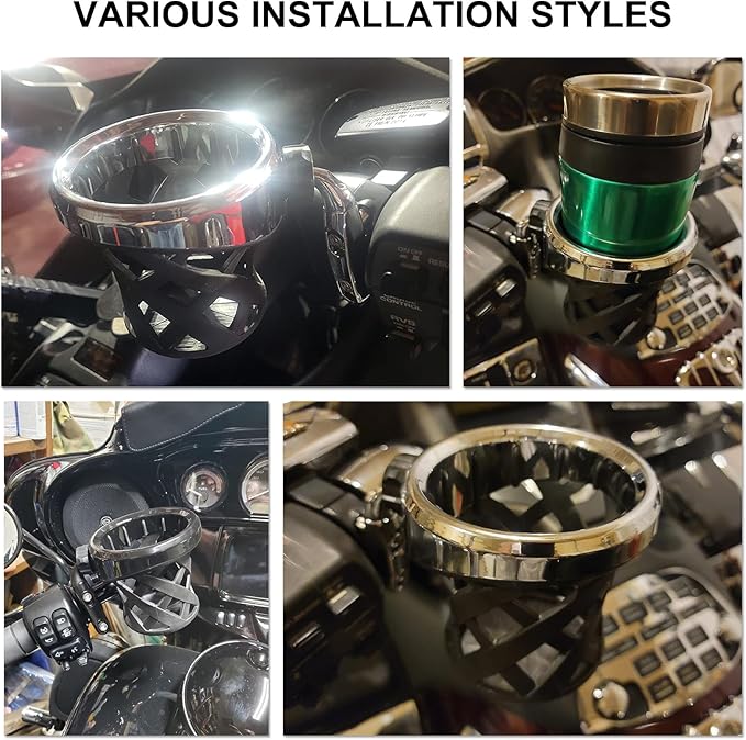 PSLER Motorcycle Drink Cup Holder Handlebar Mount Universal for Dyna Fat Bob Touring Road Glide Street Electra Glide Softail 1996-up Goldwing GL1800 2018-up (Chrome, 85mm)