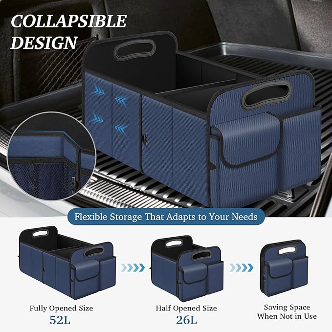 Trunk Organizer, Collapsible Waterproof Multi-Compartment Trunk Organizer for SUVs & Sedans, Car Storage with Reinforced Handles, Car Accessories for Women and Men, 52L