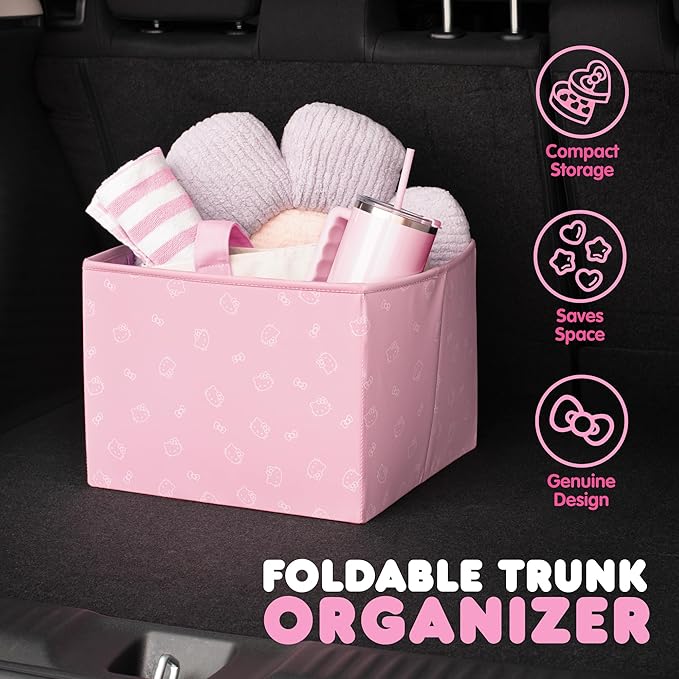 Sanrio Hello Kitty Car Trunk Organizer and Storage Bin - Collapsible Simple Compartment Convenient Heavy Duty, Fold Up for Easy Storage Box, Automotive Seat Cargo Groceries Tools - 12.5L x 12.5W x 9H
