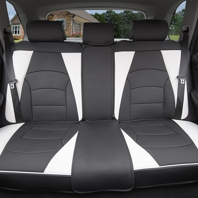 FH Group Car Seat Cover for Back Seat White Black Faux Leather - Universal Fit, Rear Seat Covers for Cars with Rear Split Bench, Car Seat Cushions, Car Interior Accessories for SUV, Sedan, Van