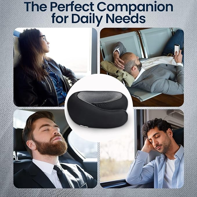 Travel Neck Pillow 100% Memory Foam, Ergonomic 360° Support Pillow for Flights, Car, Office & Train, Breathable Travel Essentials for Adults & Kids, Neck Pain Relief, (BLACK)