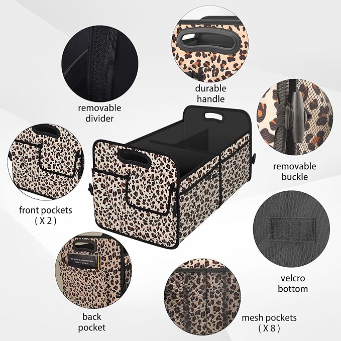 Trunk Organizer, Collapsible Trunk Organizers and Storage, Car Accessories for Women and Men, Multi-Compartment Trunk Storage Organizer for SUV, Car, Mini-Van, Leopard Print