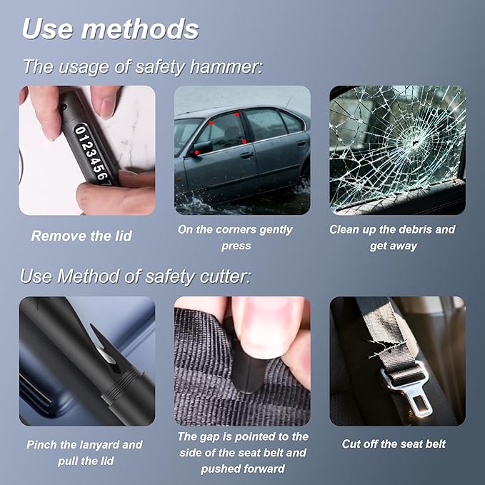 Upgraded 2026 Safe Hammer Glass Breaker Flashlight Car Parking Card, Car Hammer Seatbelt Cutter Window Breaker Emergency Escape Tool Glass Breaker Emergency Seat Belt Cutter (2 Pack (Black & White))