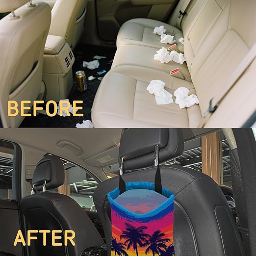 Tropical Palm Trees Car Trash Bag,Beach Sunset Strap Drawstring Car Garbage Bags,Car Back Seat Organizer with Adjustable Buckle for Car Accessories