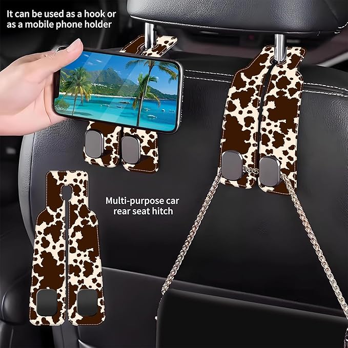 1 Pack Car Seat Headrest Hooks for Purses and Bags Camouflage Brown Cow Skin Bag Purse Holder for Car with Double Metal Hooks Car Purse Hanger Hanging Accessories