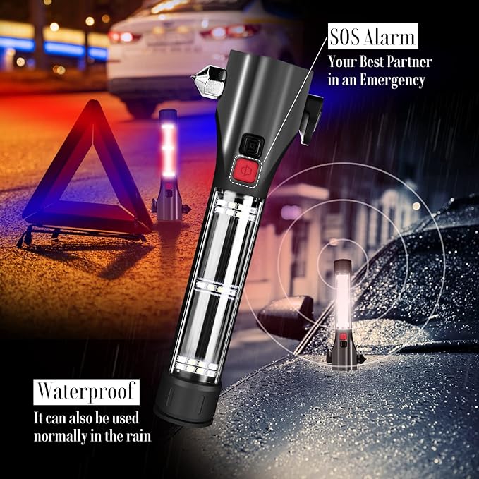 Solar Powered Car Safety Hammer Flashlight with Seatbelt Cutter, LED High Lumens, Red and Blue SOS Flashing, USB Charging, Magnetic Attraction, Portable Design