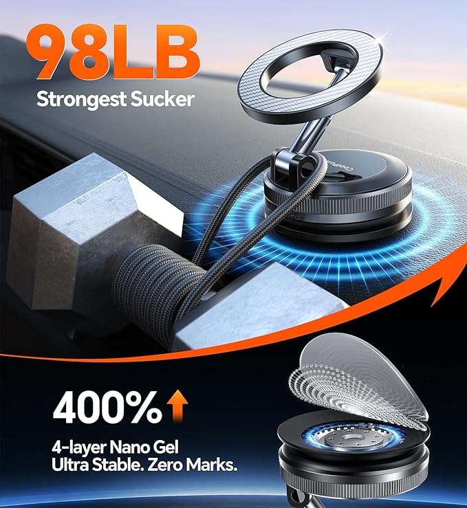 Coolpow【Newest Nano Gel Suction Cup Vacuum Magnetic Phone Holder for Car Phone Holder Mount【Movable Suction】Magsafe Car Mount Cell Phone Holders for Your Car Accessories for iPhone 17 Pro Max 16 15 14