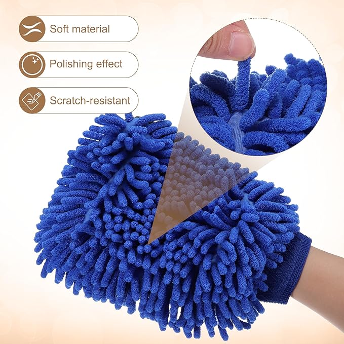 HARFINGTON Chenille Microfiber Car Wash Mitts 9.8" x 7.9" Scratch Free Wash Gloves Absorbent Double Sided Plush Cleaning Drying Mitts for Car Washing Home Clean, Blue