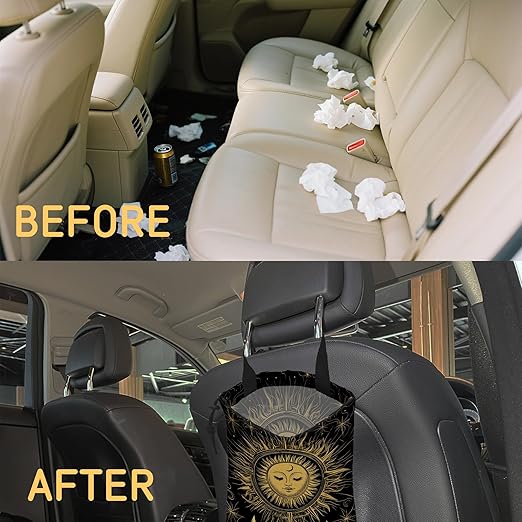 Vintage Sun and Moon Car Garbage Bag, Small Car Trash Bag Hanging,Drawstring Car Garbage Bag with Adjustable Buckle for Car Back Seat,SUVs,Camping,Road Trips