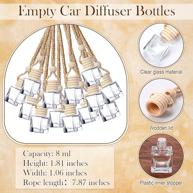 100 Sets Car Diffuser Bottles Empty Bulk Hanging Car Air Freshener Diffuser Bottles Glass Perfume Holder with Instruction Cards for Essential Oil Valentines Birthday Gifts (Square)