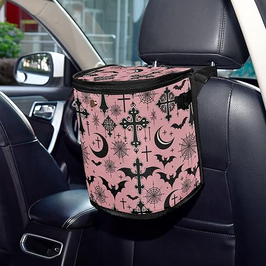 MNSRUU Car Trash Can with Lid, Black Gothic Moon Spider Webs and Bats Car Trash Bag Hanging Organizers and Storage for Front Back Seat, Leak-Proof Trash Bin