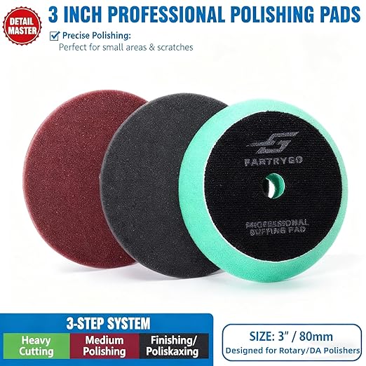 3 Inch Foam Polishing Pads – 3 Pack Small Detailing Pads for Spot Correction, Swirl Removal & Finishing – Compact Buffing Pads for Car, Motorcycle & Wheel Care – DA/Rotary Compatible