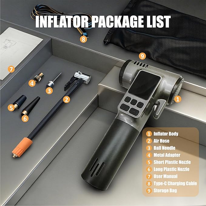 Portable Tire Inflator, 150PSI Air Compressor with LCD pressure gauge & Auto shut-off, Features built-in LED light, Safety hammer & Seatbelt Cutter, for Car/Bike/Motorcycles/Ball