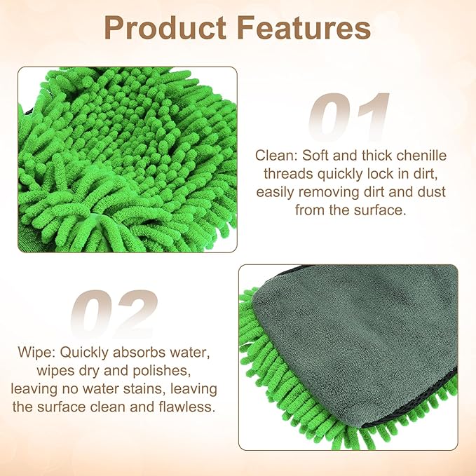 HARFINGTON Chenille Microfiber Car Wash Mitts 9.8" x 7.9" Scratch Free Wash Gloves Absorbent Double Sided Plush Cleaning Drying Mitts for Car Washing Home Clean, Green