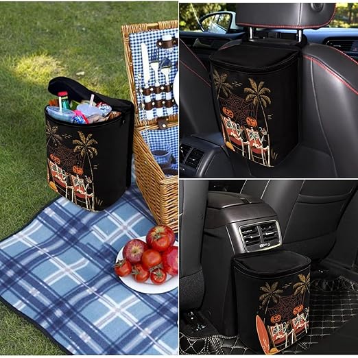 1.2 Gallons Car Trash Can for Women,Pumpkin Skull Auto Trash Can for Car, Adjustable Hanging for Tail of Console/Back of Seat, Odor-Free with Zipper Leak-Proof Lid Design, Small and Convenient
