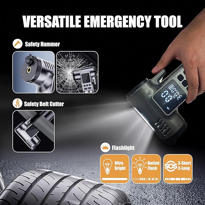 Tire Inflator Portable Air Compressor, Digital Pressure Gauge & Auto Shut-Off, Portable emergency tool as LED light, safety hammer & seatbelt cutter, for Car, Bike, Ball, Motor