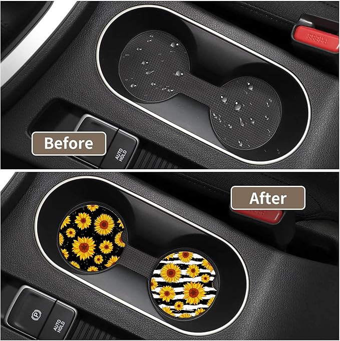 Autumn Sunflowers Car Cup Holder Coasters,Sunflowers Black White Stripe Car Cup Coasters Absorbent for Drinks with Cork Base Anti-Slip Universal Ceramic Insert Auto Interior Accessories 2Pcs