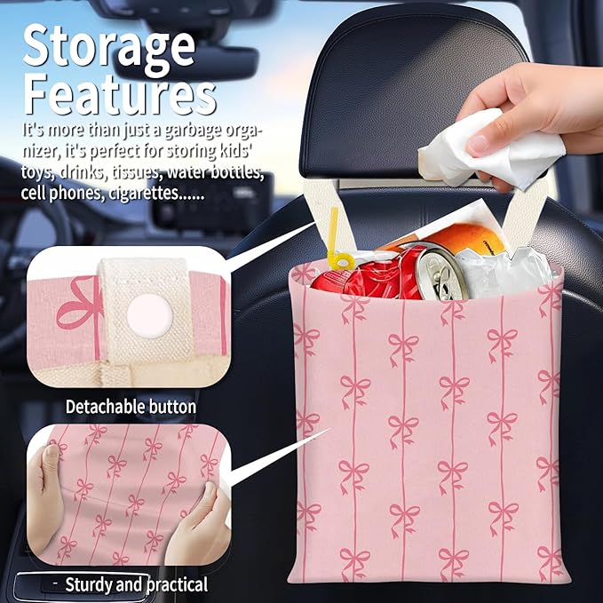 Hanging Car Garbage Bag, Cute Car Trash Can Bag, Automotive Accessories for Women Men Cute Pink Bow Stripe