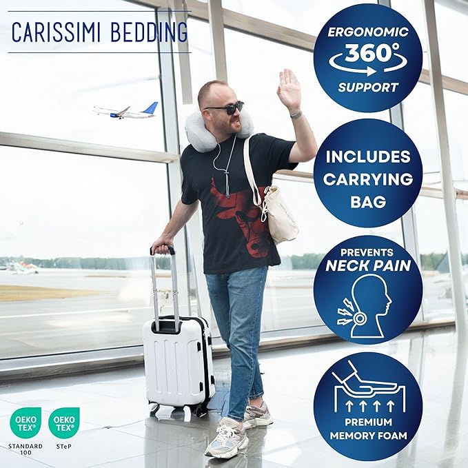 Travel Neck Pillow with Bag – Compact Memory Foam Neck Pillow for Airplane, Car and Office – Ergonomic Design for Travel Comfort and Shoulder & Neck Support