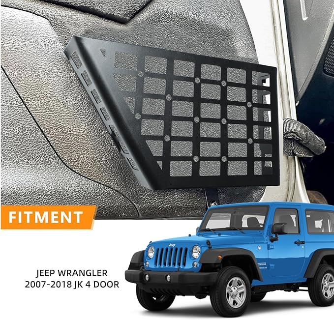 1 Pair Aluminum Rear Door Storage Pockets for 2007-2018 Jeep Wrangler JK JKU - Black Organizer with Tool-Free Install, Anti-Rust Coating & Accessory Mount (Grid)