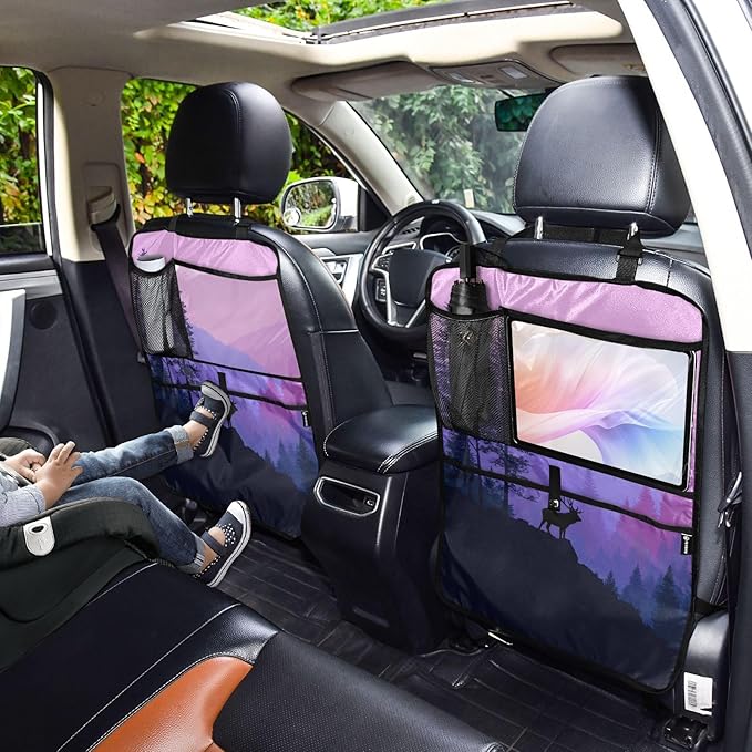 1 Pack Back Seat Car Organizer with Storage Pockets Kick Mats Back Seat Protector Hanging Car Organizer Automotive Seat Back Cover Organizers Purple Stag Mountains and Forest