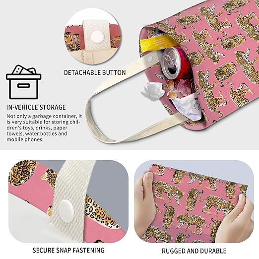 Cute Car Trash Can, Hanging Canvas Car Back Seat Organizer and Storage Bag, Funny Car Trash Bag For Travelling, Outdoor Pink Cheetahs