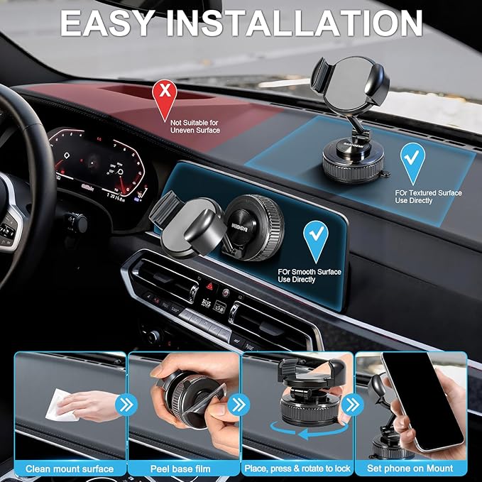 Adjustable Dashboard & Windshield Phone Mount – 360° Rotating Car Phone Holder with Strong Suction Cup, Anti-Slip Grip, Universal Fit Compatible with iPhone & Android Smartphones