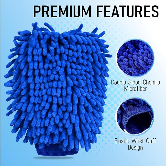 Ultra Plush Microfiber Car Wash Mitt - Scratch-Free, Lint-Free, Extra Absorbent, Machine Washable - Detailing Chenille Cleaning Mitt Perfect for Cars, Trucks, Motorcycles, and Household Surfaces