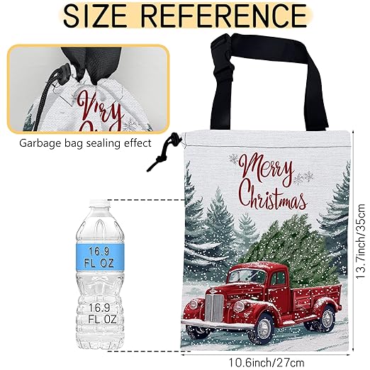 Vintage Red Truck Car Trash Bag,Green Fir Tree Hanging Drawstring Car Garbage Bag,Canvas Car Back Seat Organizer with Adjustable Buckle for Men and Women