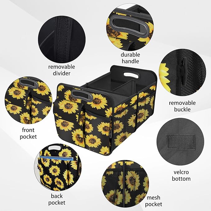 Trunk Organizer, Collapsible Trunk Organizers and Storage, Car Accessories for Women and Men, Multi-Compartment Trunk Storage Organizer for SUV, Car, Mini-Van - Sunflower