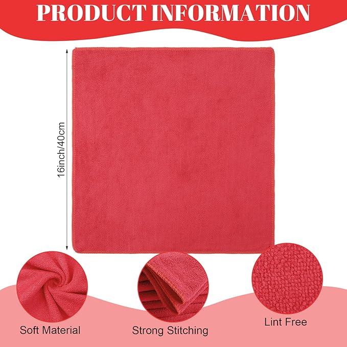 Nuenen 60 Pcs Microfiber Cleaning Cloths for Cars 16 x 16 Inch Ultra Absorbent Car Towels Drying Reusable Cleaning Supplies House Kitchen Window Microfiber Towel (Red)