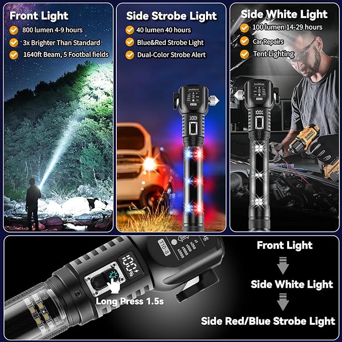 18-in-1 Car Safety Hammer Solar/USB Rechargeable Flashlight High Lumens with Electric Lighter Window Breaker Seatbelt Cutter Power Bank Emergency Work & Strobe Light for Car Repair Escape